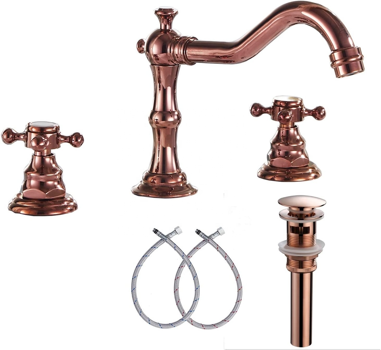 Antique Rose Gold Widespread 3 Holes Dual Cross Handles Bathroom Basin Faucet with Pop-up Drain