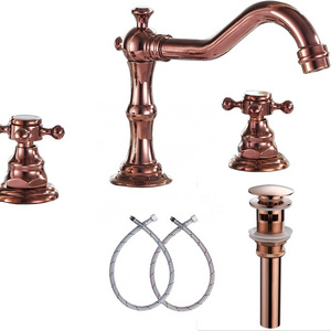 Antique Rose Gold Widespread 3 Holes Dual Cross Handles Bathroom Basin Faucet with Pop-up Drain