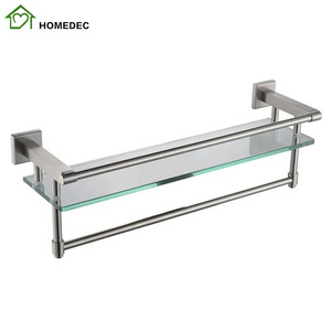 High Quality Rectangular Wall Mounted Glass Bathroom Shelf Storage Extra Thick Tempered Glass towel rack with Hand Towel Bar