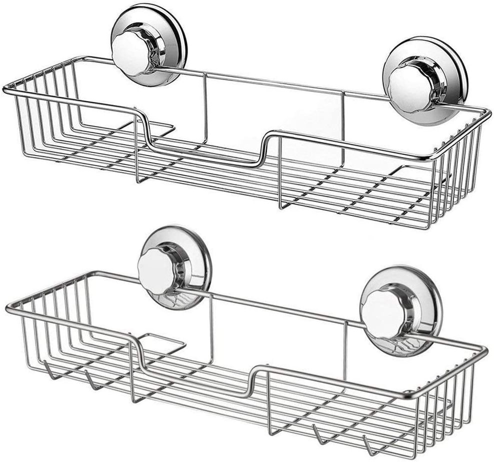 2-Pack Rustproof Stainless Steel Rectangle Storage Basket Suction Cups Shower Caddy Bath Shelf with Hooks