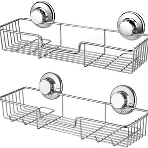 2-Pack Rustproof Stainless Steel Rectangle Storage Basket Suction Cups Shower Caddy Bath Shelf with Hooks