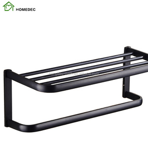 Dual Tier Towel Rack With Bar Wall Mounted Black Towel Rack Bathroom Shelves, Wall-Mount Towel Bar Holder  for Bathroom Kitchen