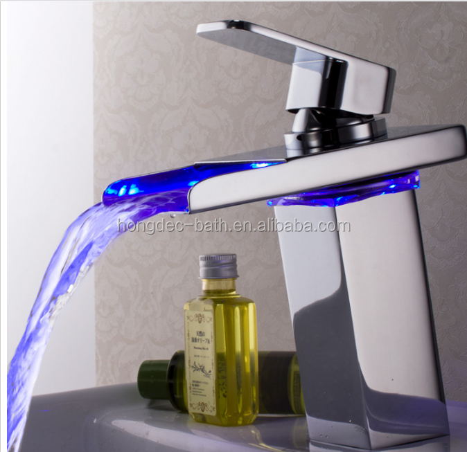 Color Changing LED Water Flow Chrome Waterfall Bathroom Vessel Lavatory Sink Faucet