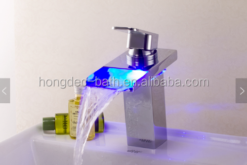 Color Changing LED Water Flow Chrome Waterfall Bathroom Vessel Lavatory Sink Faucet