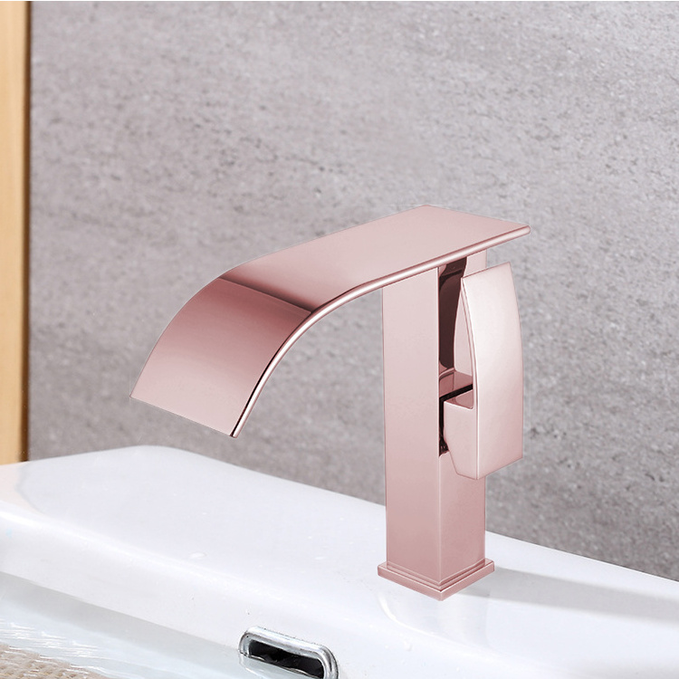 HOMEDEC Rose Gold Waterfall Spout Single Handle One Hole Commercial Bathroom Sink Faucet Deck Mount Lavatory Basin Faucet