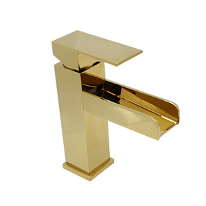 Gold Polished Body Waterfall Single Handle Lavatory Faucet Basin Mixer Tap  Bathroom Sink Faucet