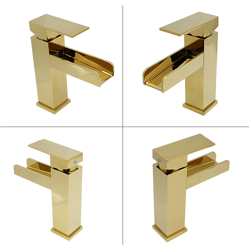 Gold Polished Body Waterfall Single Handle Lavatory Faucet Basin Mixer Tap  Bathroom Sink Faucet