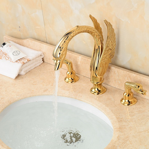 HOMEDEC Gold Polished Swan Shape Widespread 3Pcs Bathroom Sink Faucet 2 Handles Vanity Basin Mixer Tap.