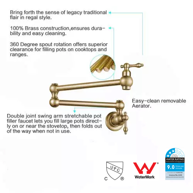 Dual Handles Pot Filler Folding tap Brass Kitchen Sink Faucet Brushed gold