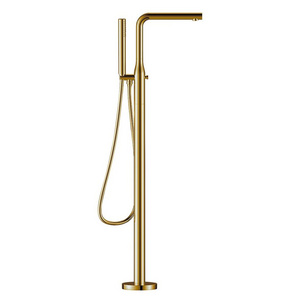 Homedec Modern Brass Brushed Gold Elegant Freestanding Bathtub Faucet Tub Filler Floor Standing Bath Faucet with Handheld Shower