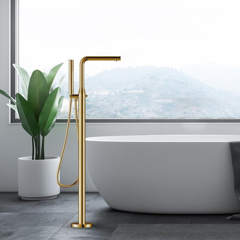 Homedec Modern Brass Brushed Gold Elegant Freestanding Bathtub Faucet Tub Filler Floor Standing Bath Faucet with Handheld Shower