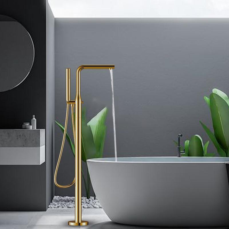 Homedec Modern Brass Brushed Gold Elegant Freestanding Bathtub Faucet Tub Filler Floor Standing Bath Faucet with Handheld Shower