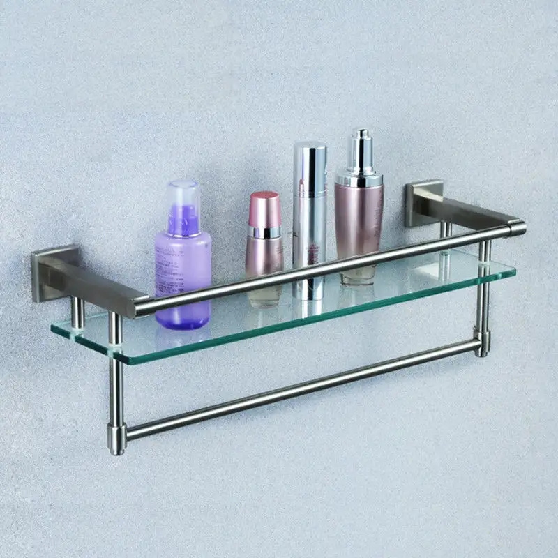 High Quality Rectangular Wall Mounted Glass Bathroom Shelf Storage Extra Thick Tempered Glass towel rack with Hand Towel Bar