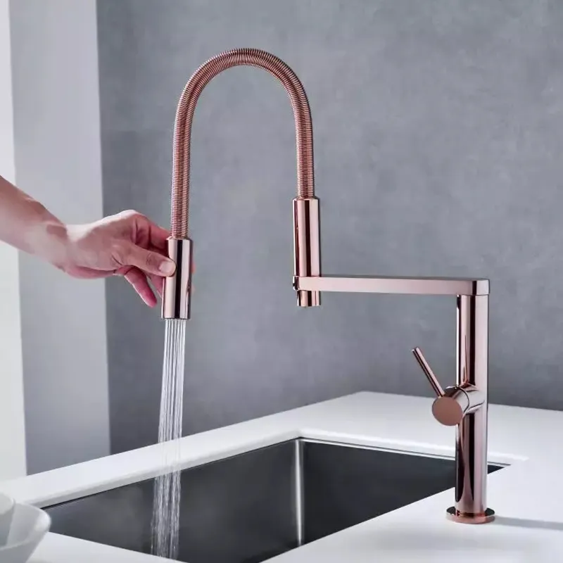 New faucet rose gold mixer brass waterfall pre rinse kitchen taps sink faucet with spring pull down