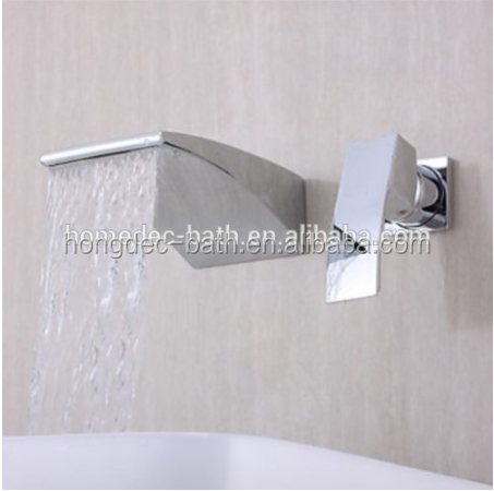 Contemporary Modern Design Waterfall Wall Mount ithSingle Handle Double Holes Chrome Finish Bathroom Basin Sink Faucet