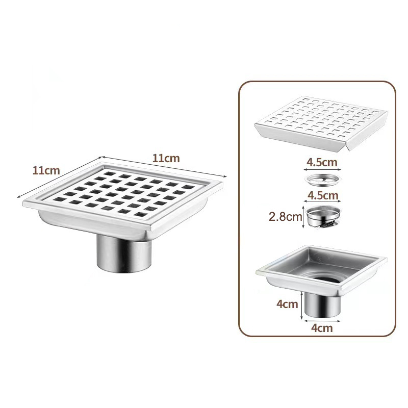 Hot Selling American Style Square Shower Floor Drain 110*110 mm with Flange Grate Removable Brushed 304 Stainless Steel Drainage