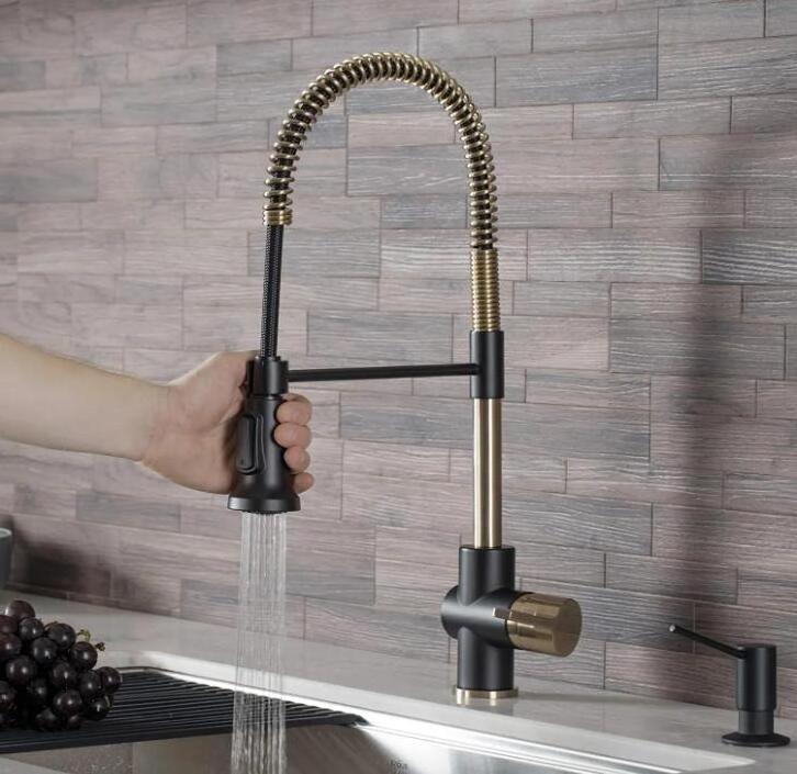 Commercial Kitchen Faucet with Dual Function Spray head in All-Brite Finish, Brushed Gold/Matte Black