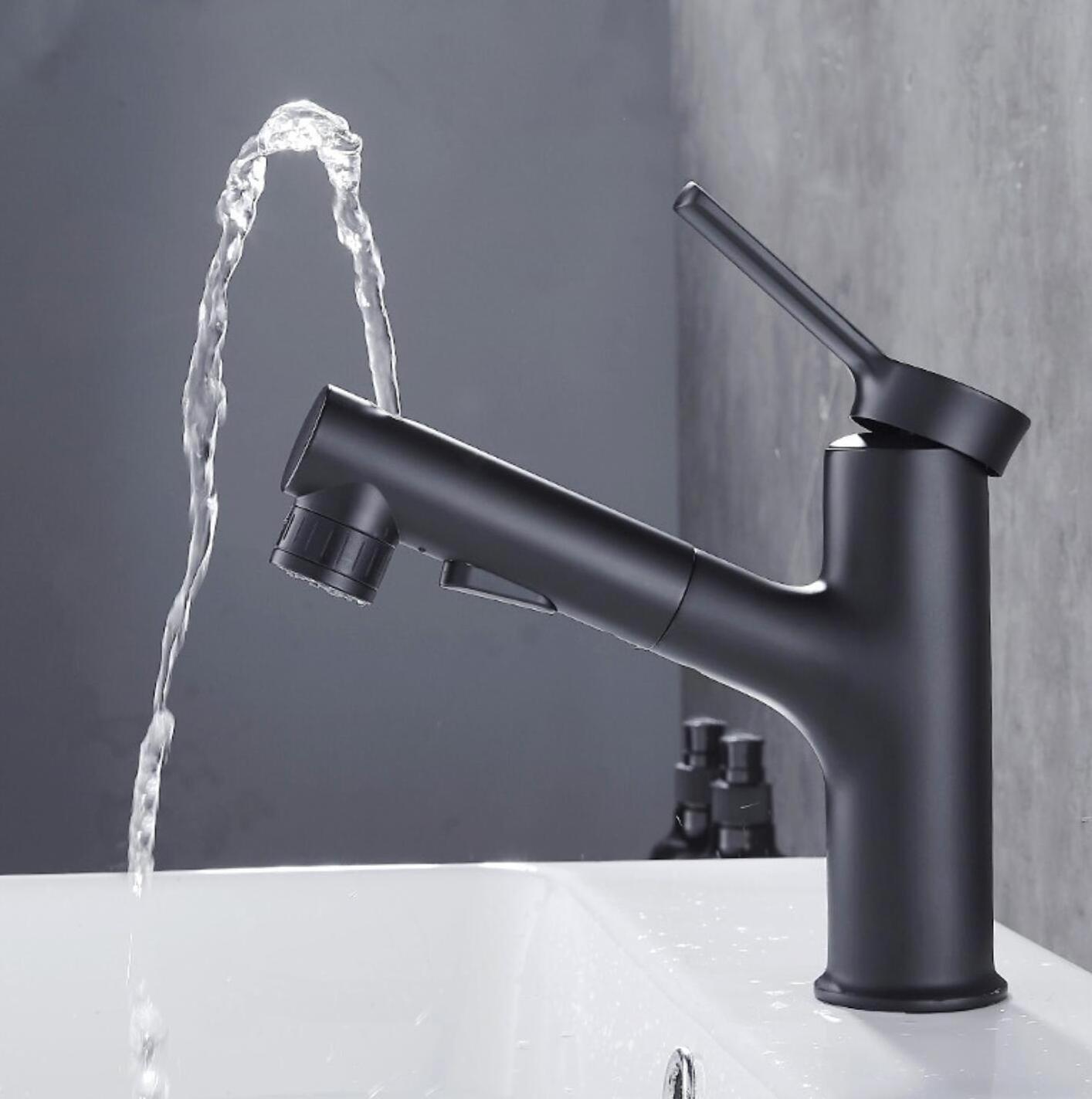 Hot Sale modern Black brushed chrome Pull Out solid brass nickel bathroom Basin faucet with pull down sprayer