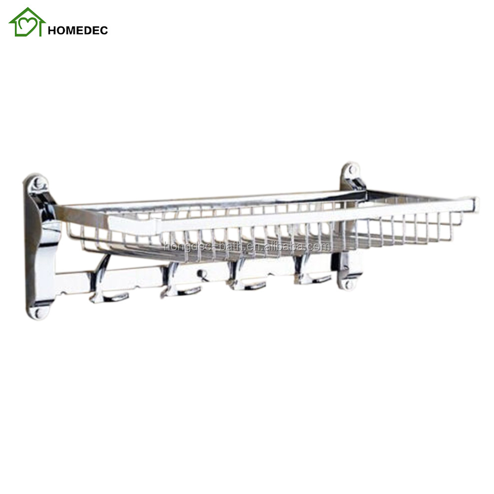 High Quality Stainless Steel Chrome Towel Rack With Hook, Bathroom Foiding Shelf with Towel Bar Rod and Hooks for Wall Mount