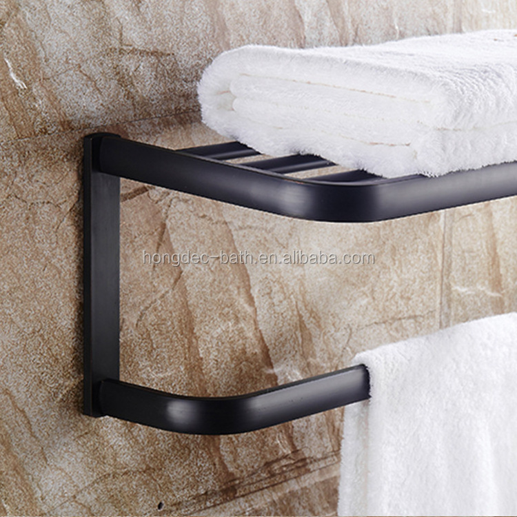 Dual Tier Towel Rack With Bar Wall Mounted Black Towel Rack Bathroom Shelves, Wall-Mount Towel Bar Holder  for Bathroom Kitchen