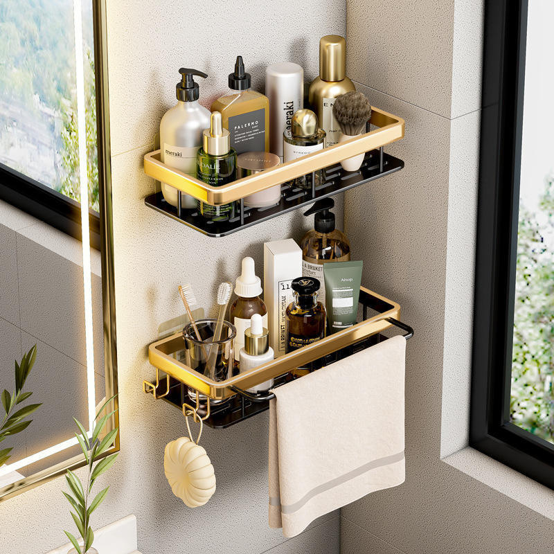 Multi-layer no drilling wall mounted Bathroom Storage Racks black and Gold Makeup shower Shelf Bathroom Accessories