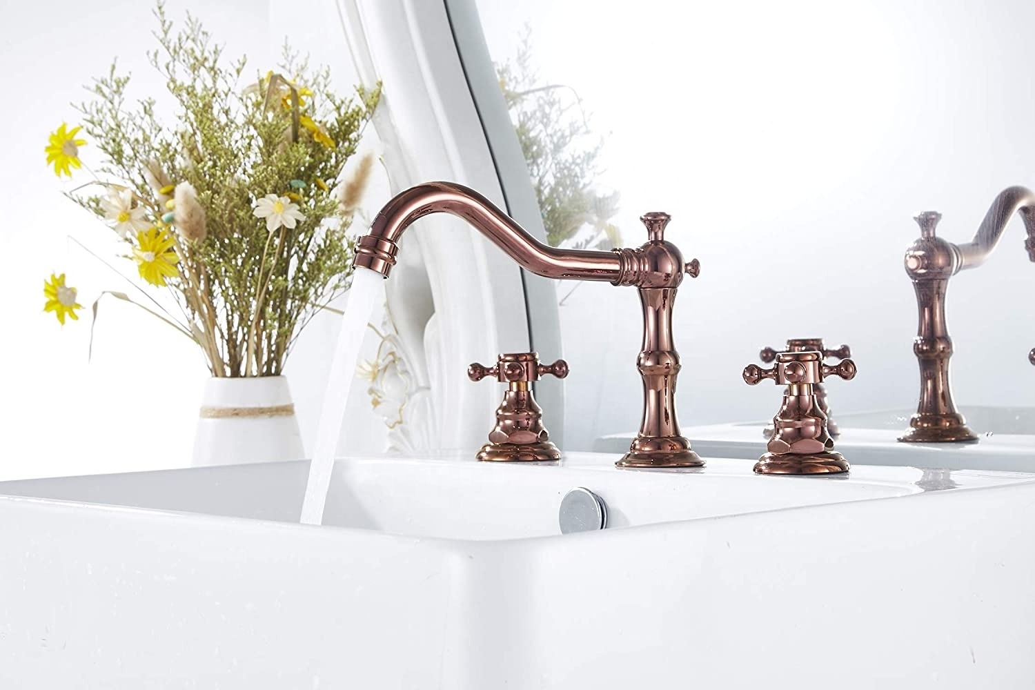 Antique Rose Gold Widespread 3 Holes Dual Cross Handles Bathroom Basin Faucet with Pop-up Drain