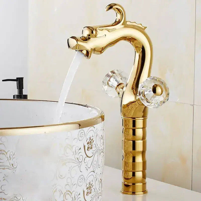 Deck mounted copper lavatory bathroom taps dragon sink faucet with Crystal Dual Handles