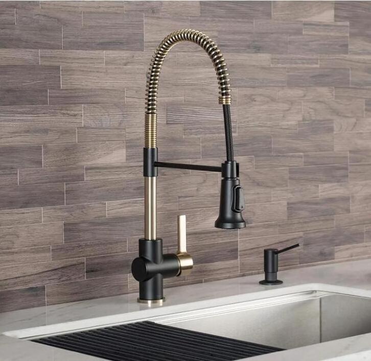 Commercial Kitchen Faucet with Dual Function Spray head in All-Brite Finish, Brushed Gold/Matte Black