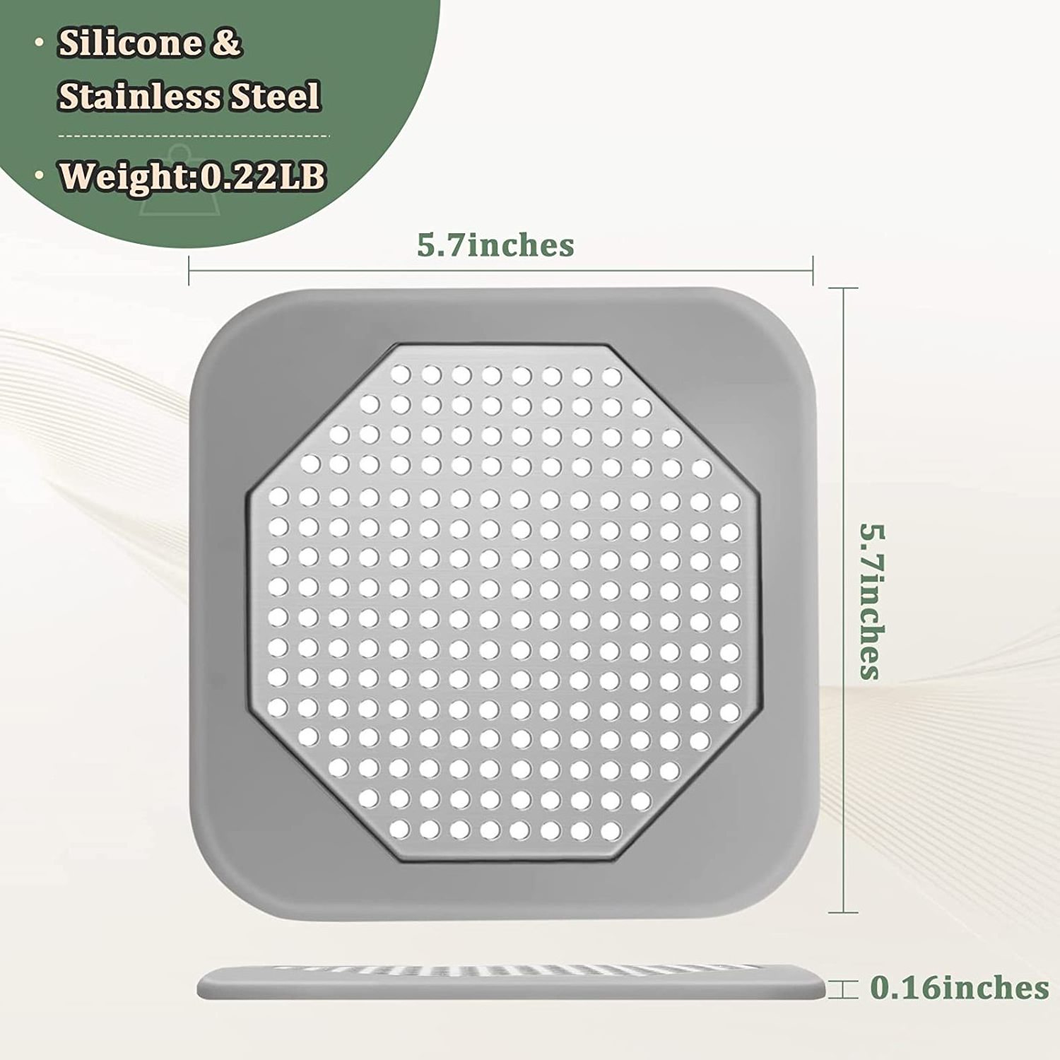 Durable square corner design silicone & stainless steel gridding anti clog stopper shower floor drain covers For Hair Catcher