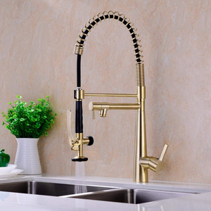 Commercial Solid Brass Brushed Gold Sink Tap Heavy Duty Spring Single Handle Kitchen Faucet with Pull Out Sprayer