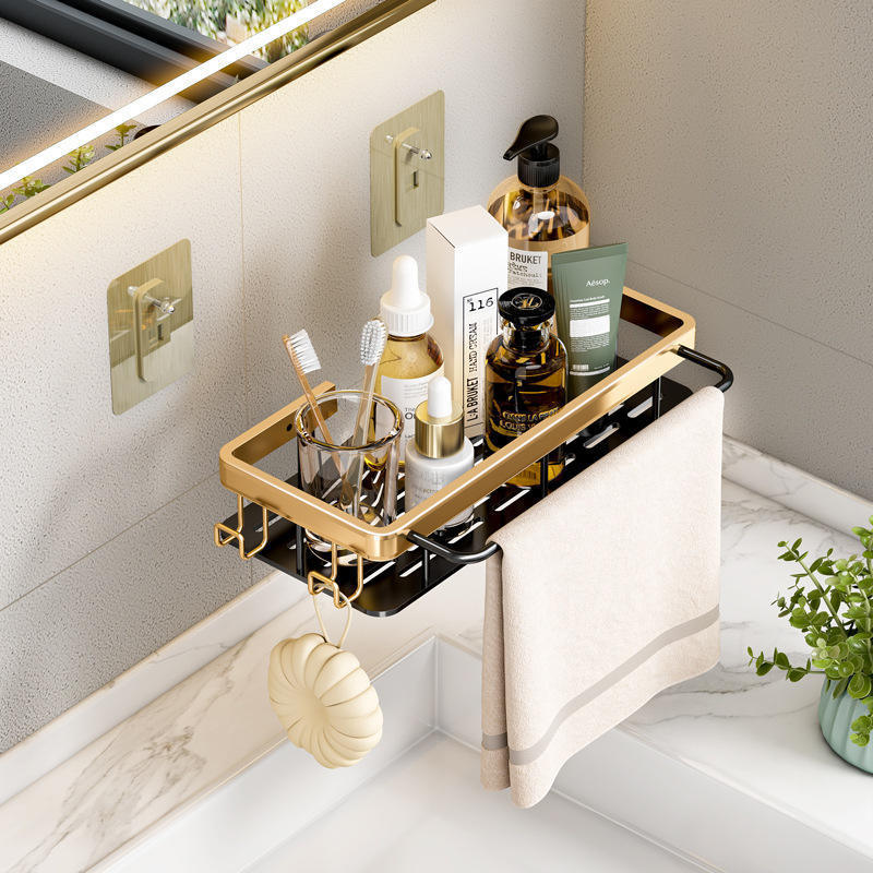 Multi-layer no drilling wall mounted Bathroom Storage Racks black and Gold Makeup shower Shelf Bathroom Accessories