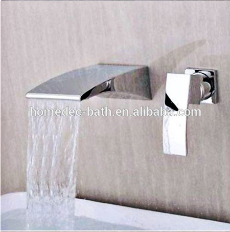 Contemporary Modern Design Waterfall Wall Mount ithSingle Handle Double Holes Chrome Finish Bathroom Basin Sink Faucet