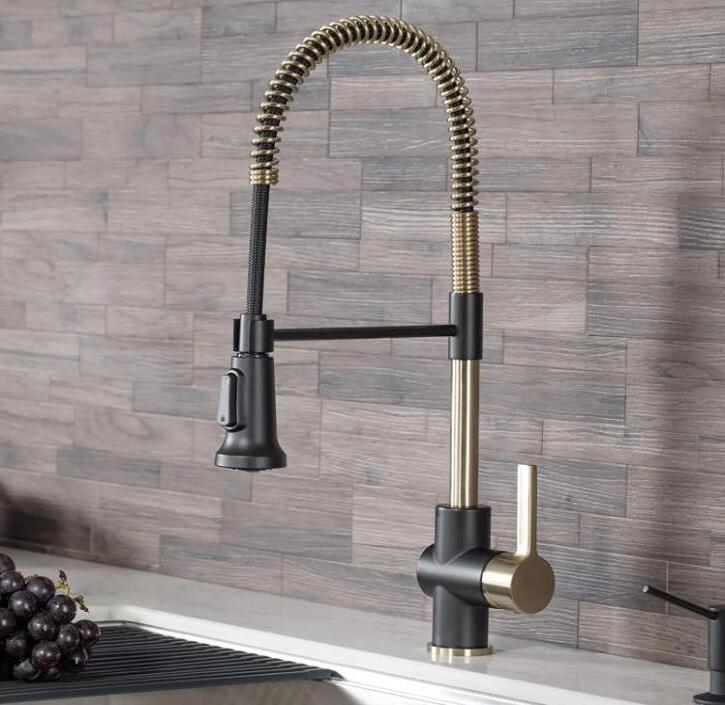 Commercial Kitchen Faucet with Dual Function Spray head in All-Brite Finish, Brushed Gold/Matte Black