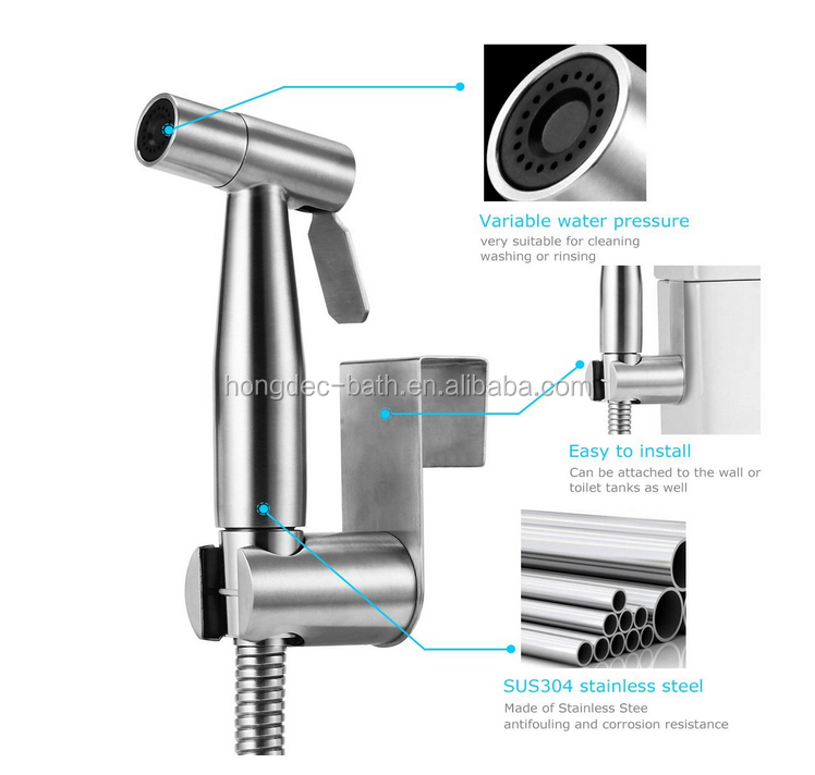 High Water Pressure stainless steel Shattaf Douche Complete Set with Adapter,hose and holder for Toilet