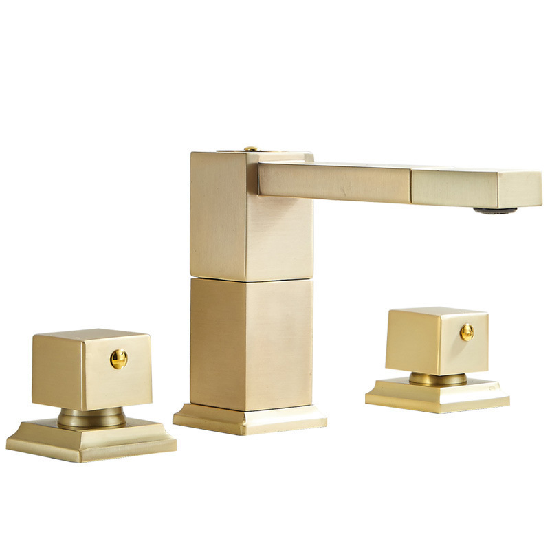 Hot Sell Brushed Gold 3 Holes Bathroom Tap Rotate Spout Spray Square Wash Basin Faucet