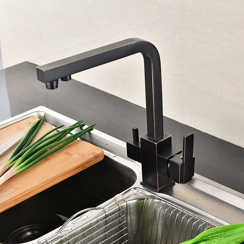 Matte Black 3 Way Water Filter Tap Solid Brass Triple Kitchen Faucet