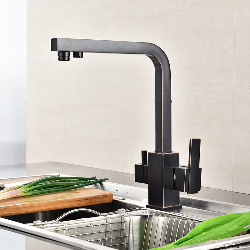 Matte Black 3 Way Water Filter Tap Solid Brass Triple Kitchen Faucet