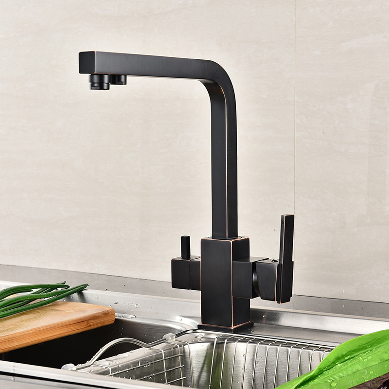 Matte Black 3 Way Water Filter Tap Solid Brass Triple Kitchen Faucet