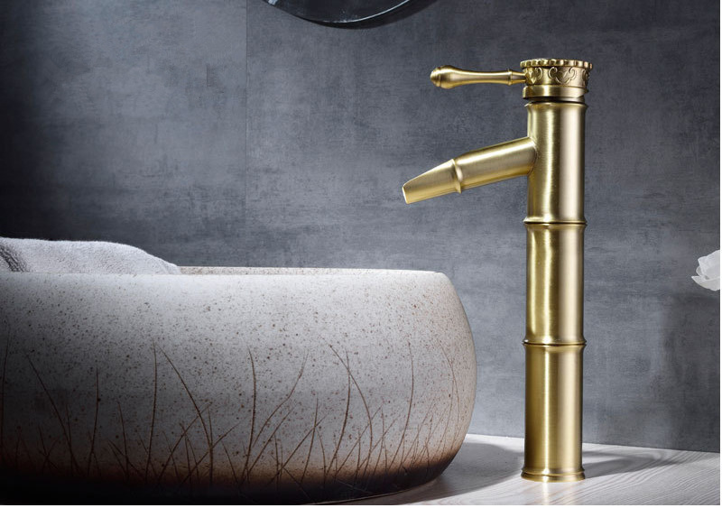 Wide Brass Gold Bamboo Basin Faucet Classical Bathroom Faucet