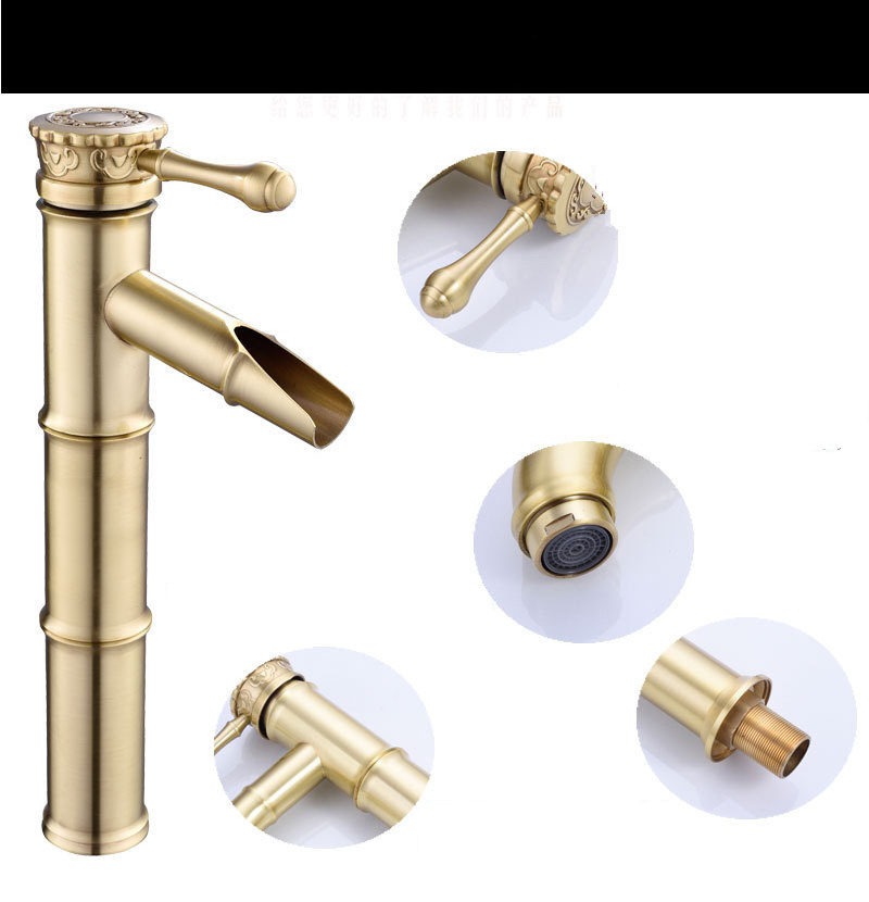 Wide Brass Gold Bamboo Basin Faucet Classical Bathroom Faucet