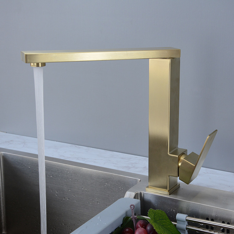 Rotating brushed gold square kitchen sink faucet hot and cold mixer