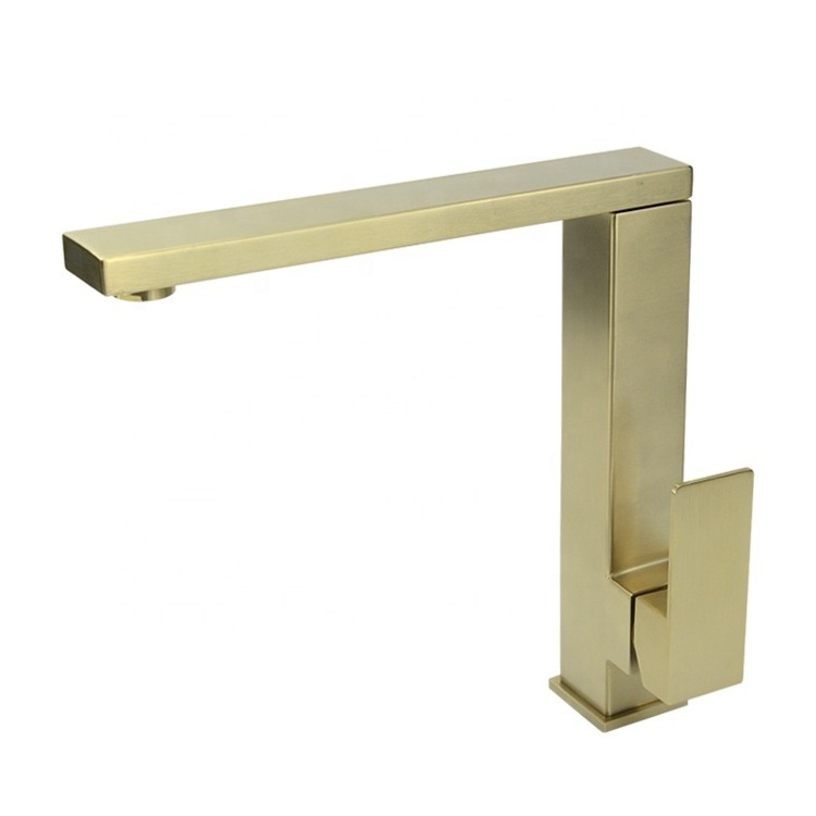 Rotating brushed gold square kitchen sink faucet hot and cold mixer