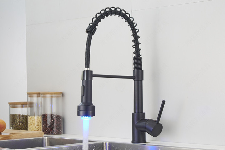 LED Kitchen Hot and Cold Mixer Matte Black Spring Pull Down Kitchen Sink Faucet