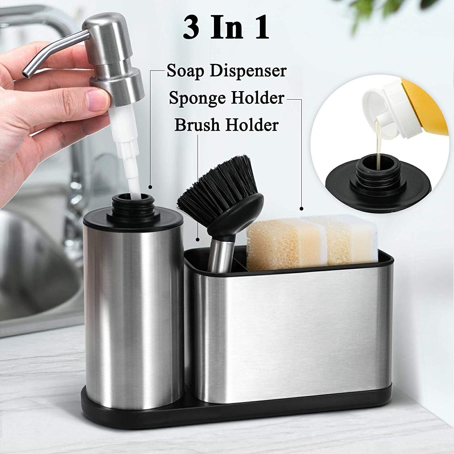 Stainless Steel Kitchen Sink Organizer Sponge Holder Dish Soap Dispenser with Sink Caddy