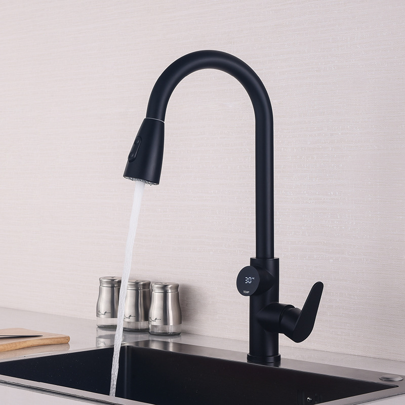 Pull Out Kitchen Faucet Single Level Stainless Steel LED Digital Display Kitchen Sink Faucets