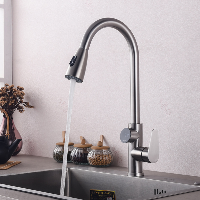 Pull Out Kitchen Faucet Single Level Stainless Steel LED Digital Display Kitchen Sink Faucets