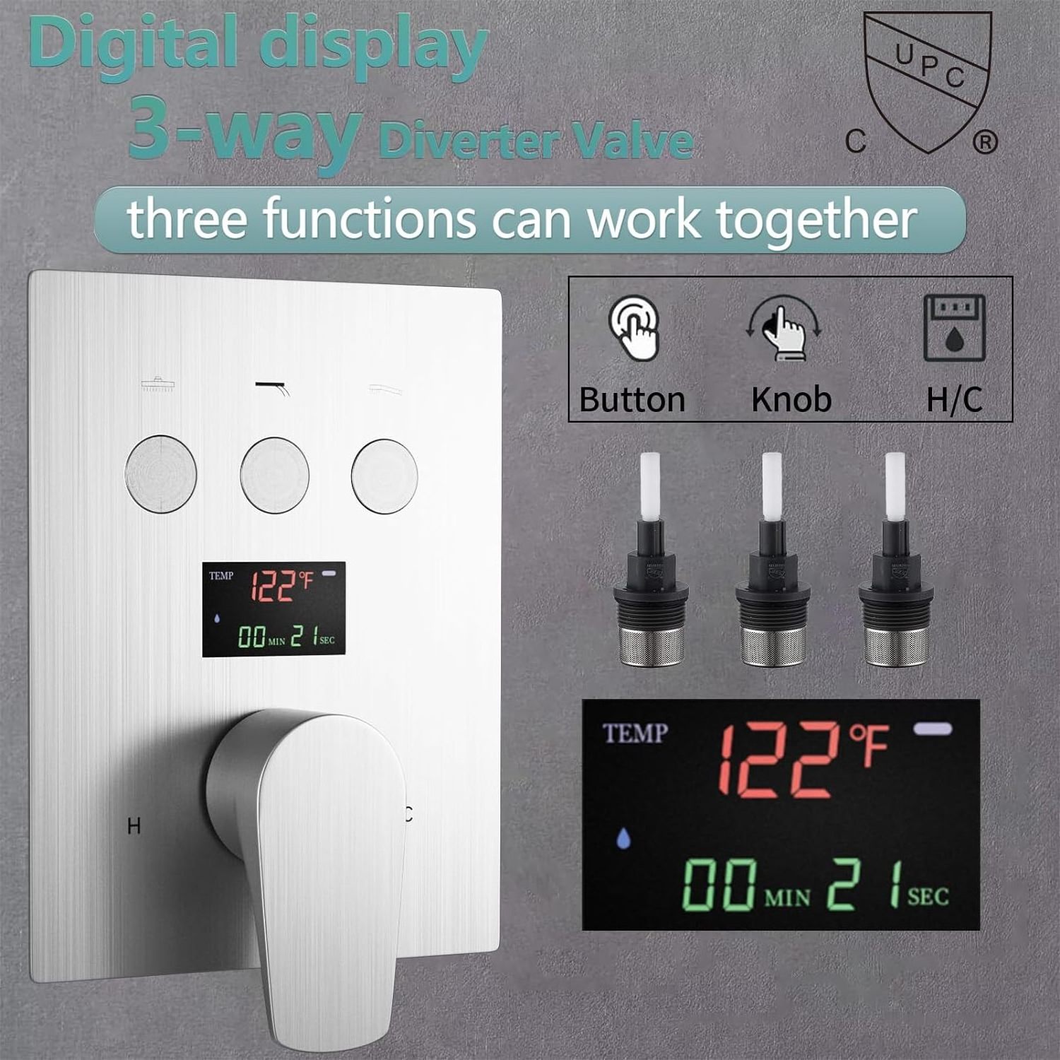 3 Ways Digital Display Shower Diverter Mixing Valve Kit Brass Brushed Nickel Shower Rough-in Mixer Valve