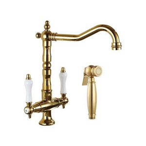 Brass Bridge Kitchen Faucet Unlacquered Side Sprayer Hot Cold  Kitchen Faucet