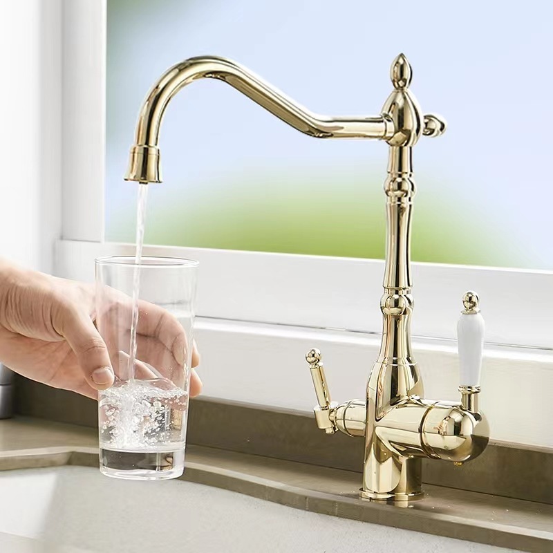 Brass Bridge Kitchen Faucet Unlacquered Side Sprayer Hot Cold  Kitchen Faucet