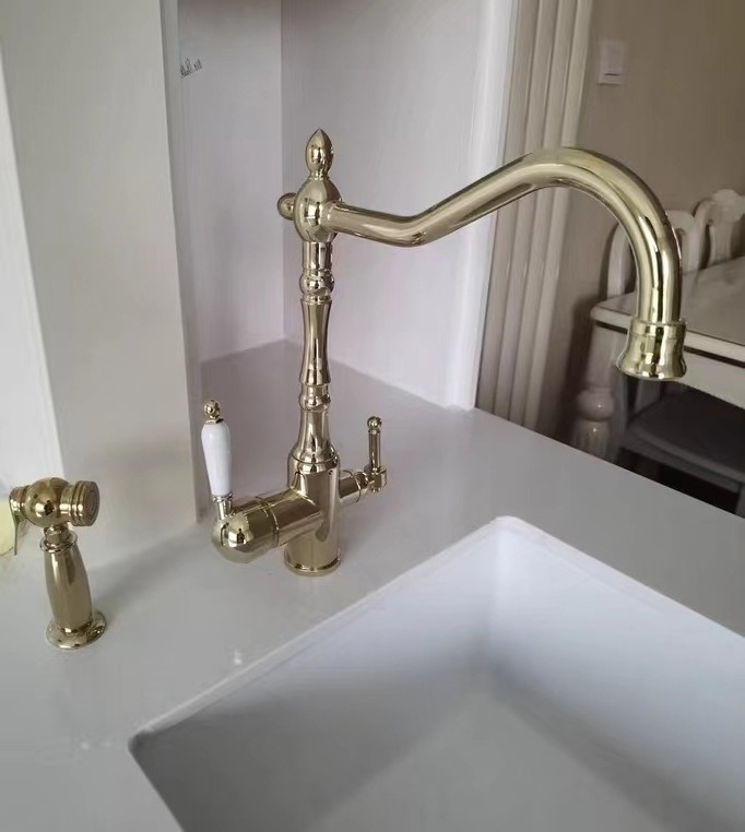 Brass Bridge Kitchen Faucet Unlacquered Side Sprayer Hot Cold  Kitchen Faucet